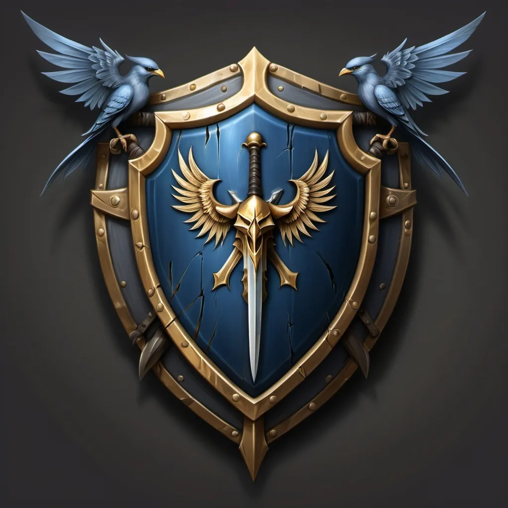 Prompt: a blue and gold shield with two swords and a bird on it's back, with a shadowy dark gray background, Anne Stokes, symbolism, profile picture, world of warcraft, concept art, medieval heraldry