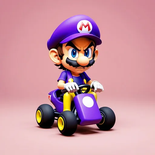 Prompt: Baby Waluigi, 3d chibi, Mario Kart,  nintendo, mockup, dot eyes,screenshot