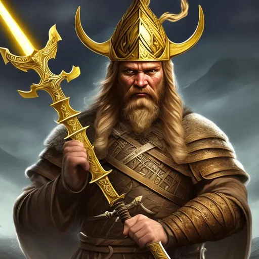 Prompt: show a viking with the Golden Sword of God