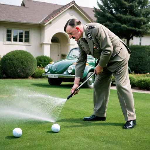 Prompt: hitler watering his lawn,  green grass,  golf ball, front yard, house, volkswagen car