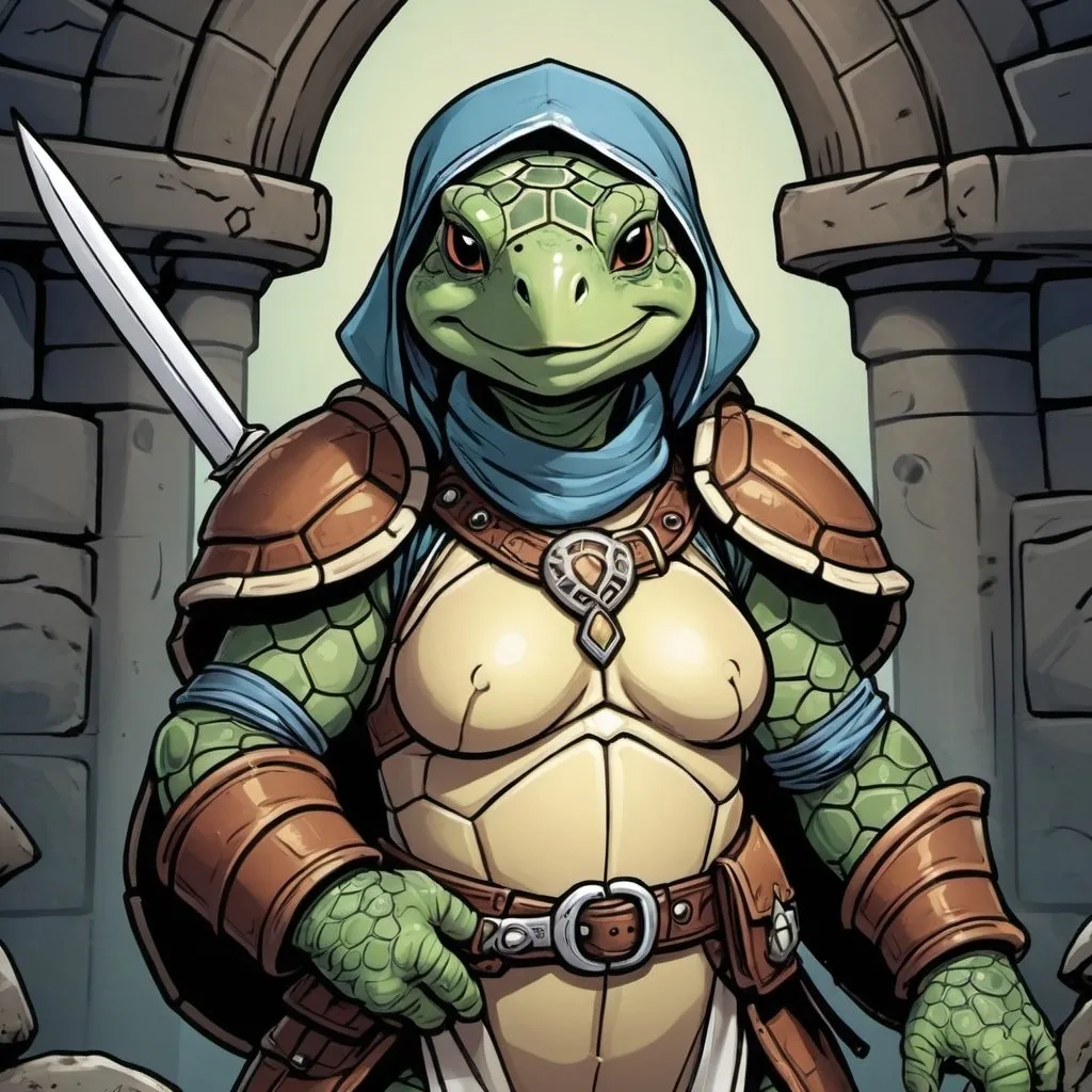 Prompt: comic book style, dungeon and dragons, anthropomorphic female turtle cleric, background