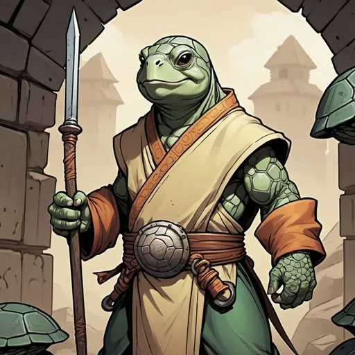 Prompt: comic book style, dungeon and dragons, anthropomorphic turtle monk, background