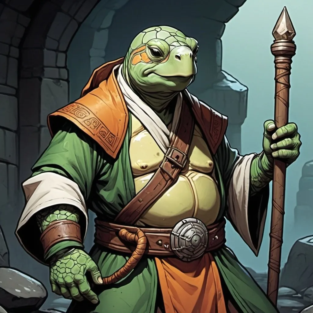 Prompt: comic book style, dungeon and dragons, anthropomorphic turtle monk, background