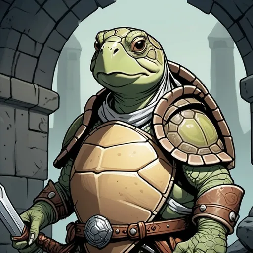 Prompt: comic book style, dungeon and dragons, anthropomorphic female turtle cleric, background