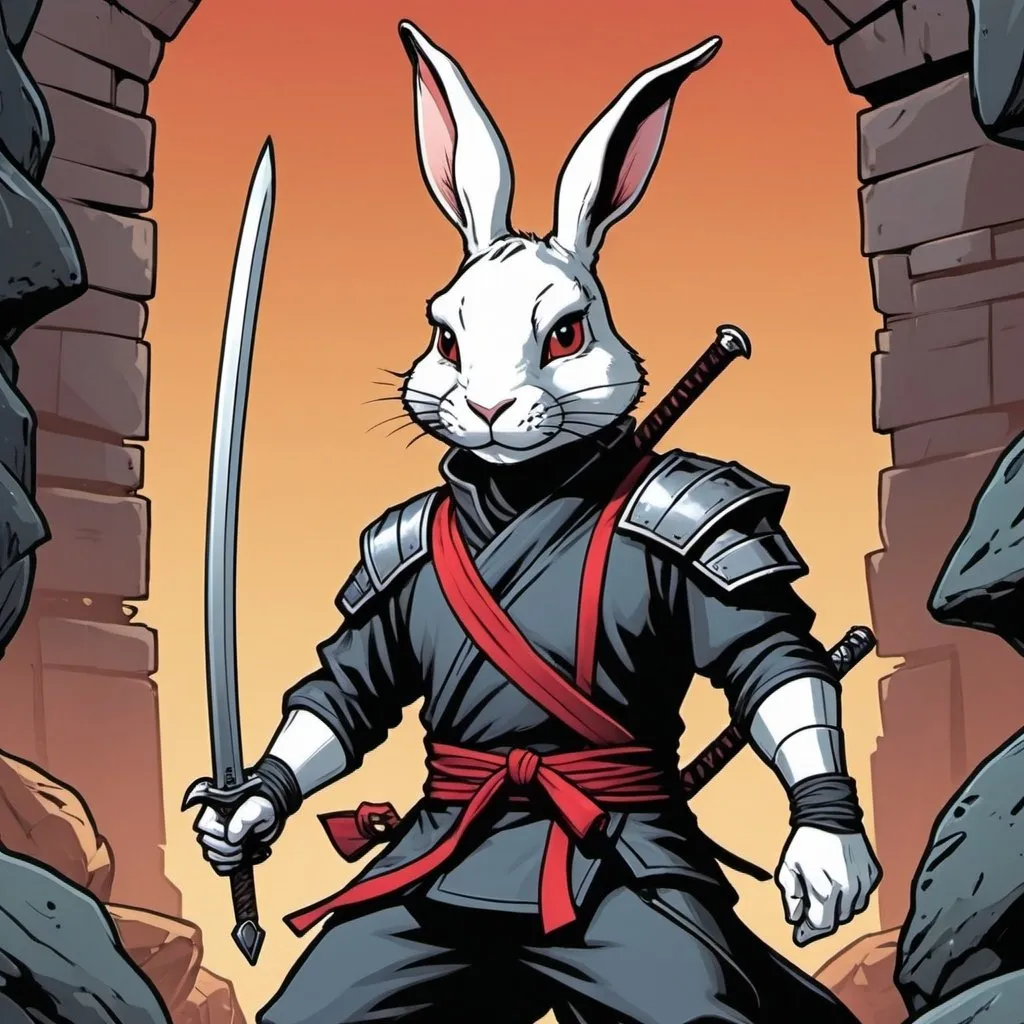 Prompt: comic book style, dungeon and dragons, anthropomorphic rabbit ninja, background