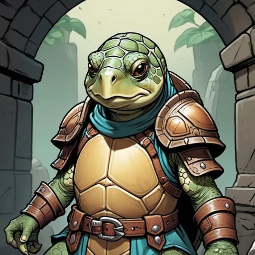 Prompt: comic book style, dungeon and dragons, anthropomorphic female turtle cleric, background