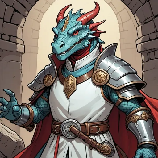 Prompt: comic book style, dungeon and dragons, anthropomorphic dragon cleric, background