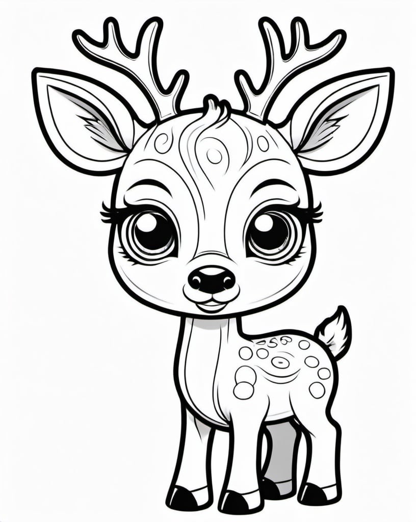 Prompt: simple cute line art deer with big eyes cuddly no shading or gradient coloring book page for kids