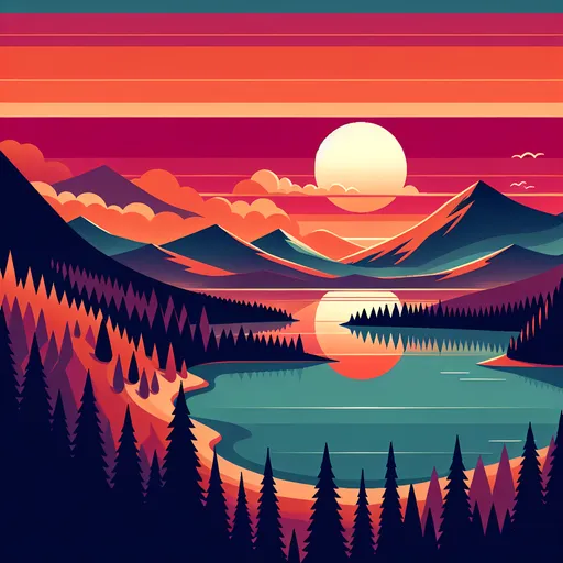 Prompt: a painting of a mountain lake with a sunset in the background and a pine forest in the foreground, Dan Mumford, lyco art, colorful flat surreal design, vector art