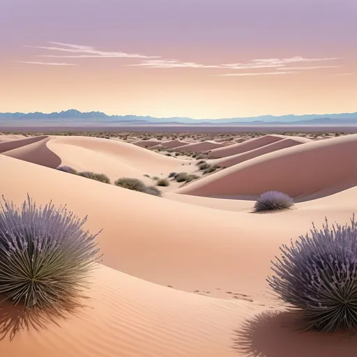 Prompt: A desert scene with subtle contrast; muted pastel colors; symmetry with geometry and depth