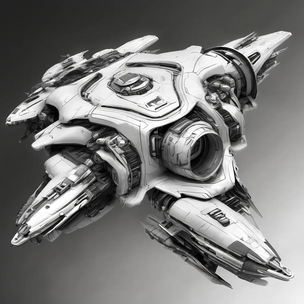 Prompt: Spaceship; Futuristic, agile and durable; Equipped with weapons;
Black and white