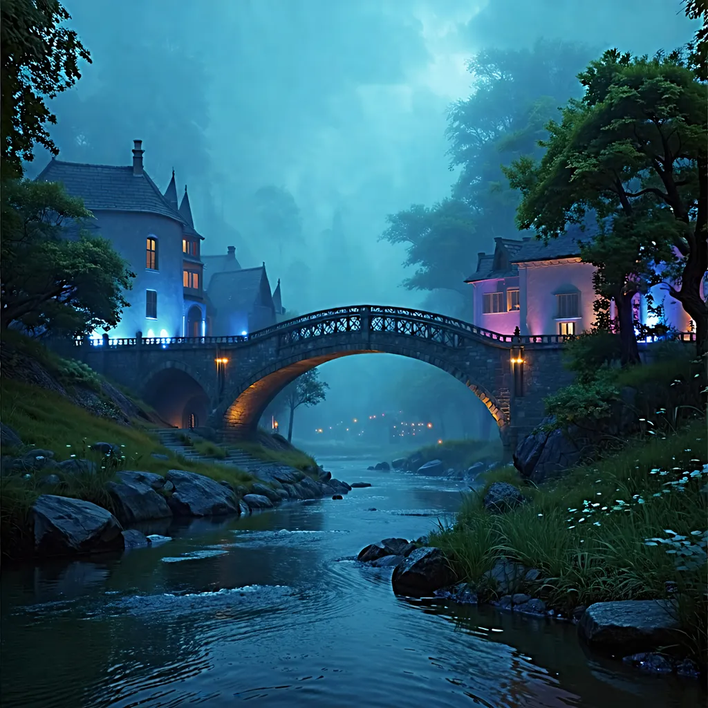 Prompt: futuristic sci-fi small settlement, (dramatic fantasy scene), foggy atmosphere, (cinematic lighting), (cool color scheme), intricate bridge crossing over a serene river, detailed architecture, lush surroundings, ethereal fog enveloping structures, rich texture and depth, (4K), immersive and captivating ambiance.