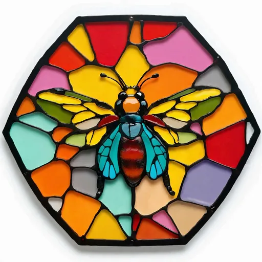 Prompt: (stained glass background), (new species hybrid bug), ladybug and butterfly hybrid with vibrant wings, scarab beetle features, (ultra-detailed), (opaque stained glass), bold colors with rich hues, intricate designs, visible clear welds and seams, (SVG ready), artistic illumination, colorful composition, enchanting and whimsical atmosphere, suitable for digital printing.