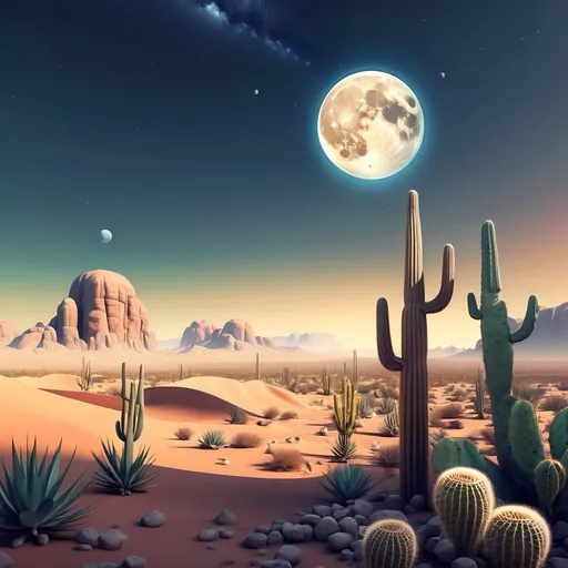 Prompt: a desert scene with a moon and a distant planet in the sky above it and cactus plants and rocks, Chris LaBrooy, space art, desert, concept art