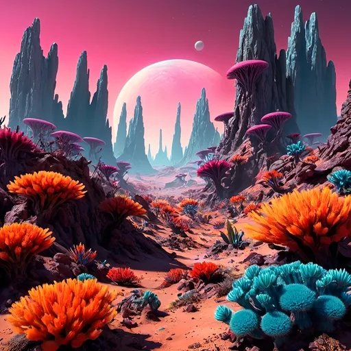 Prompt: A futuristic alien landscape with stronger and more vibrant colors; strong contrast; Chaotic feature changes; Plants resemble Earth high desert plants;