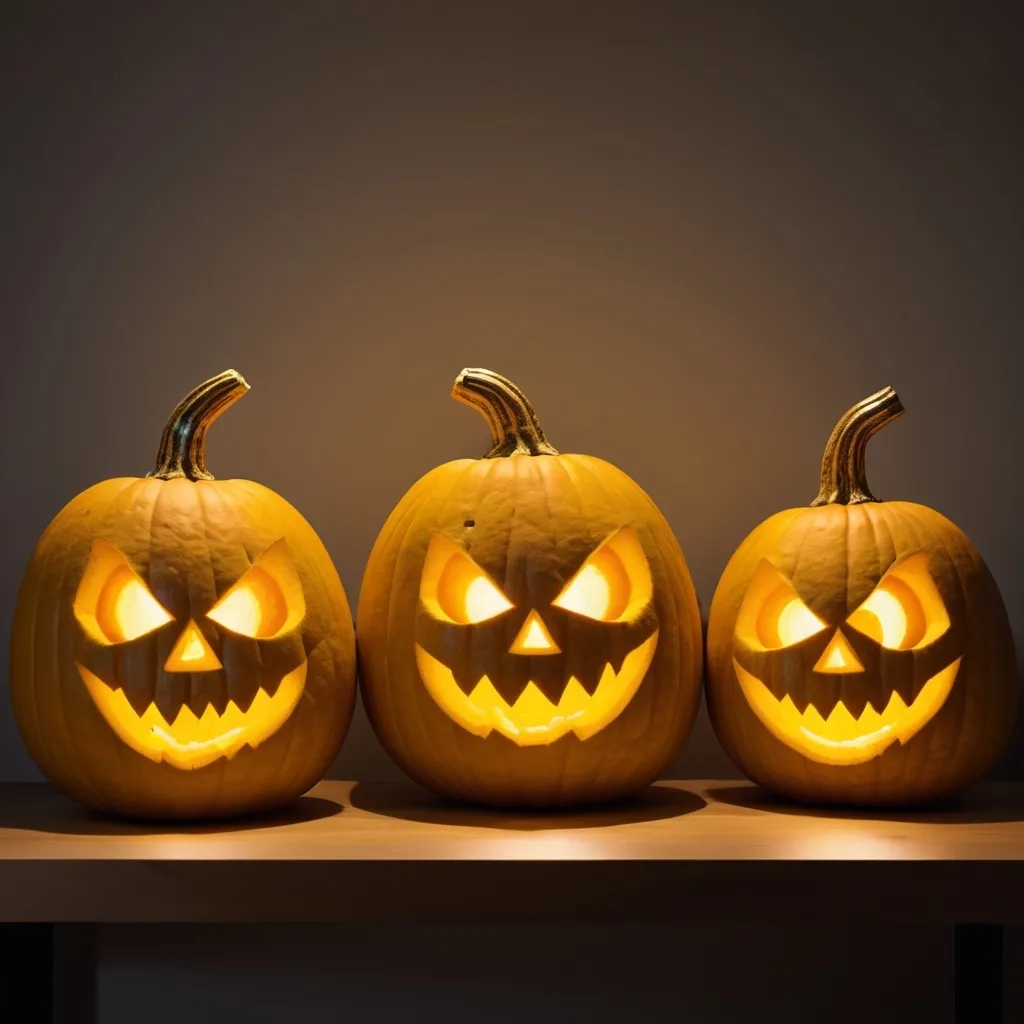 Prompt: 3 carved pumpkin with Scary smile 
 with eye having yellow with light in shelf turn at right  side only 3 carved pumpkin in straight line looking at right  only 3