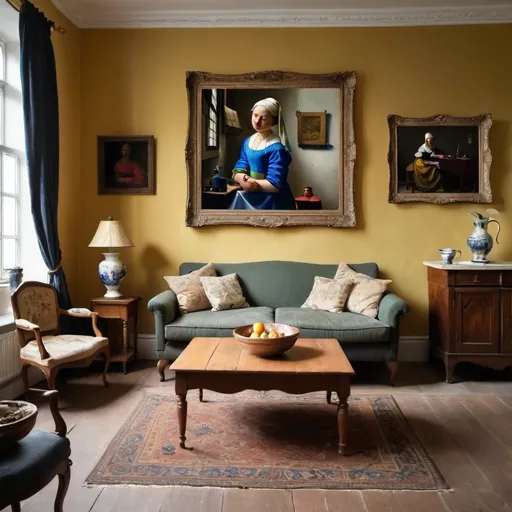 Prompt: a complete  livingroom which includes the Milkmaid painting  from Dutch painter Vermeer as a centre piece.