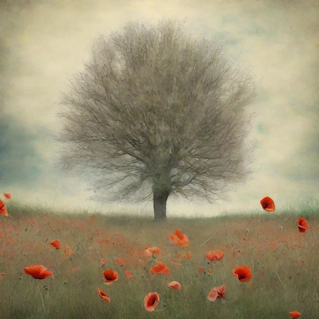 Prompt: Tree in a field of weeds, just coming out of spring and into summer.  Some poppies in the field.  This will be a wide and narrow image for printing.  Colors should be somewhat muted and abstract