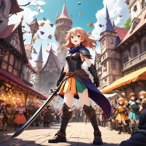 Prompt: (adventurer in a bustling square) with a lively atmosphere, a vibrant 8K anime style, dynamic poses, and intricate details. The adventurer sports detailed gear and a gleaming sword, surrounded by (a thousand and one witches), an (arrow-man), and a cute (dwarf girl) in colorful outfits. Background filled with grand fantasy architecture, lively crowds, and a bright, sunny sky, emphasizing the adventurous spirit.