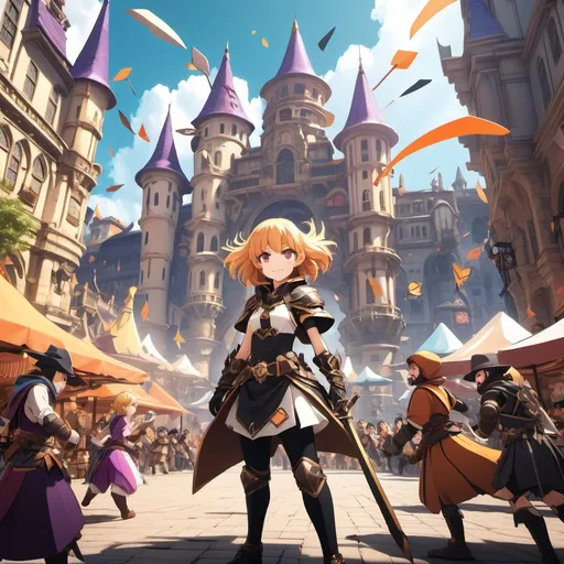 Prompt: (adventurer in a bustling square) with a lively atmosphere, a vibrant 8K anime style, dynamic poses, and intricate details. The adventurer sports detailed gear and a gleaming sword, surrounded by (a thousand and one witches), an (arrow-man), and a cute (dwarf girl) in colorful outfits. Background filled with grand fantasy architecture, lively crowds, and a bright, sunny sky, emphasizing the adventurous spirit.