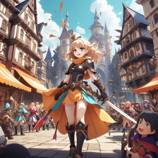 Prompt: (adventurer in a bustling square) with a lively atmosphere, a vibrant 8K anime style, dynamic poses, and intricate details. The adventurer sports detailed gear and a gleaming sword, surrounded by (a thousand and one witches), an (arrow-man), and a cute (dwarf girl) in colorful outfits. Background filled with grand fantasy architecture, lively crowds, and a bright, sunny sky, emphasizing the adventurous spirit.