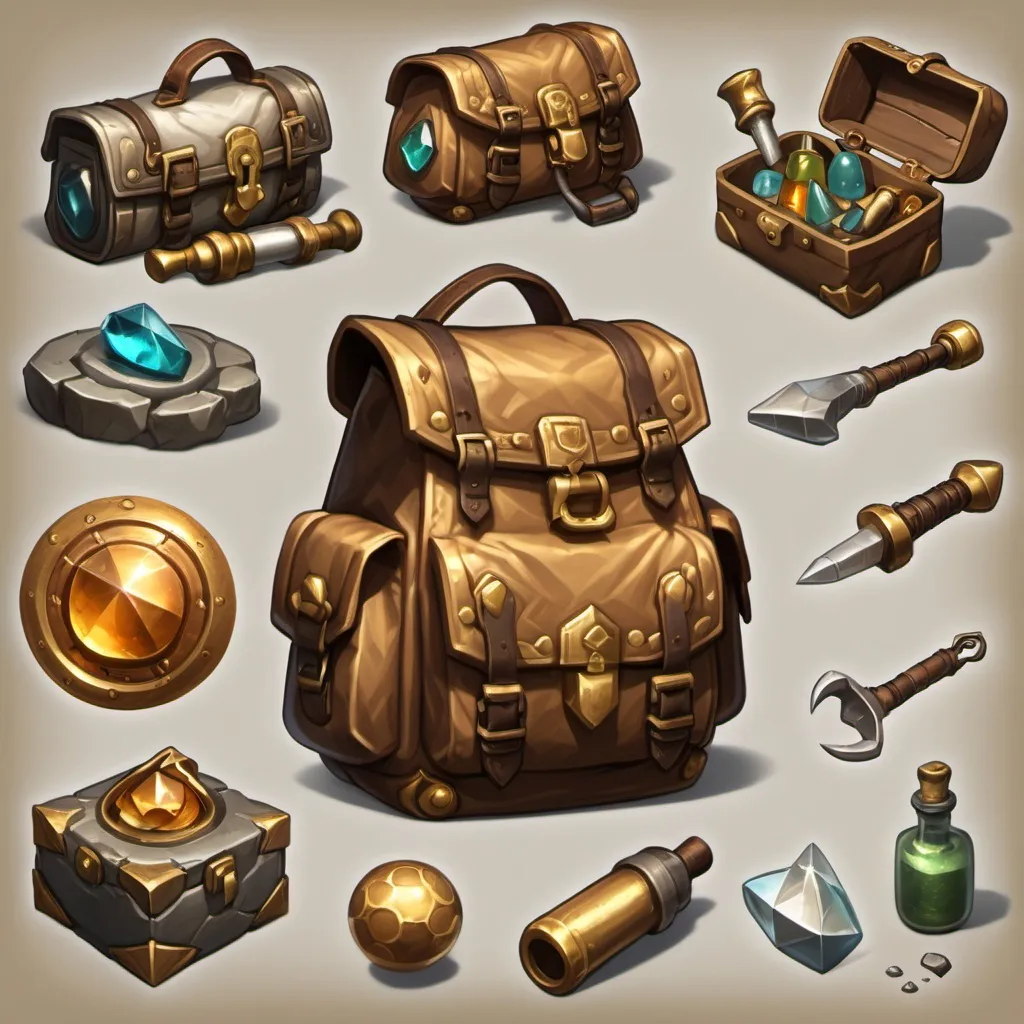 Prompt: The adventurer's bag contains equipment and tools in the form of circles with shapes for tools such as a weapon, a healing potion, a mana potion, a speed potion, an anti-poison potion, and other tools that the adventurer needs. Gold, silver ore, and copper. The number of tools is 24.