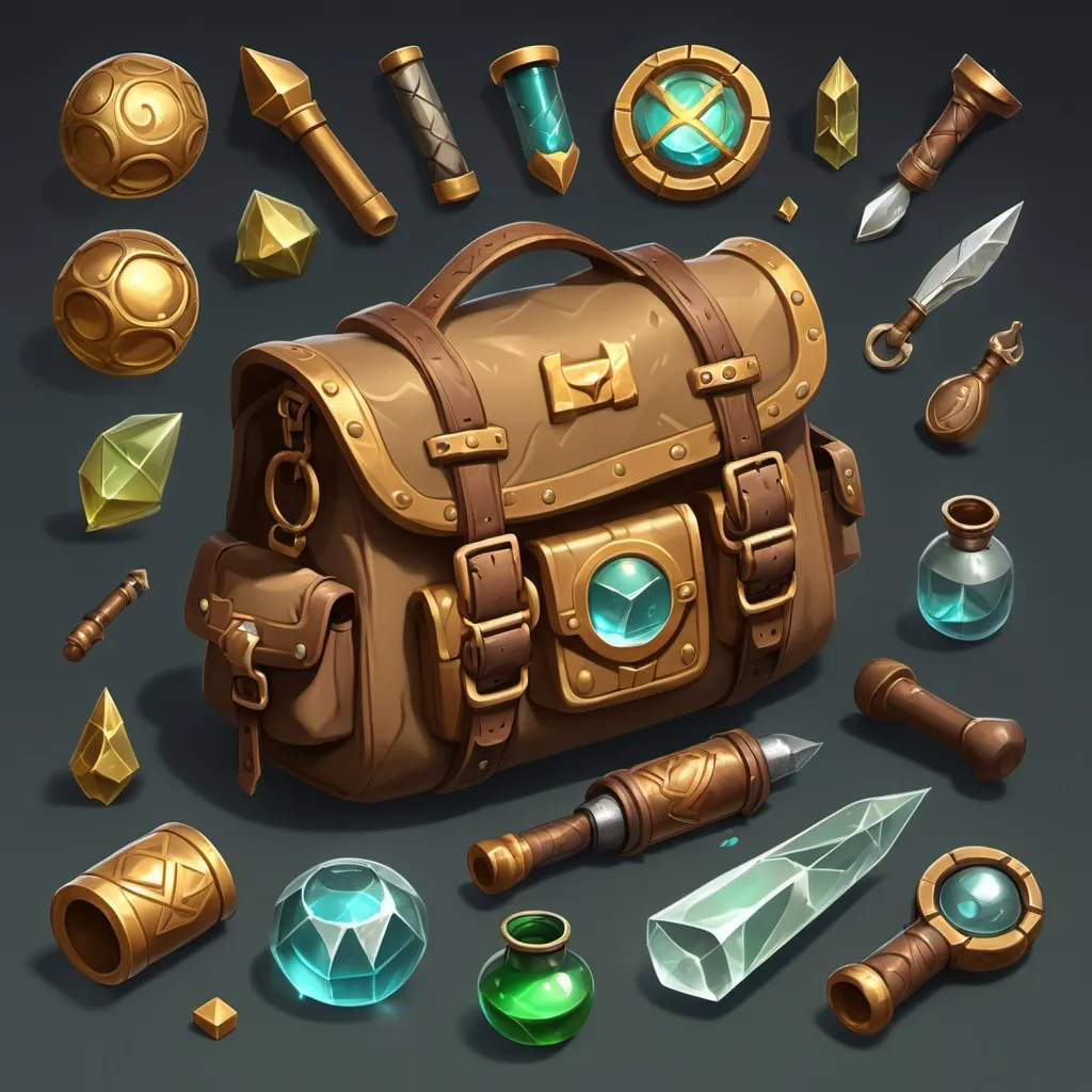 Prompt: The adventurer's bag contains equipment and tools in the form of circles with shapes for tools such as a weapon, a healing potion, a mana potion, a speed potion, an anti-poison potion, and other tools that the adventurer needs. Gold, silver ore, and copper. The number of tools is 24.