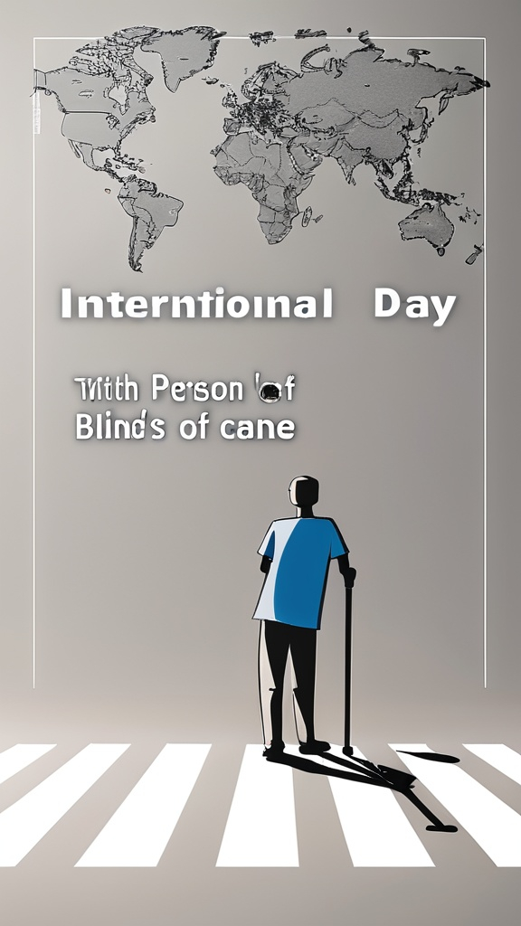 Prompt: International Day of the Blind, world map, Blind person's cane