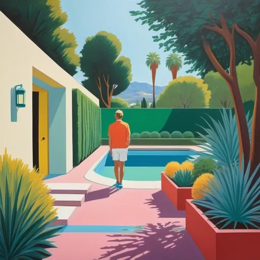 Prompt: create an impressionist and  sophisticated painting in David Hockney style, outdoor feel and make this california themed wall art and midcentury! have archictectural beauty in shot as well, make it fabulous and with a young man in the scene