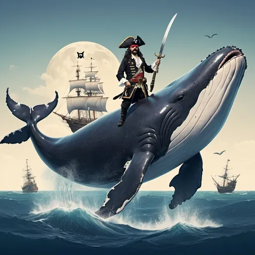 Prompt: Generate an image of a large whale swimming in the ocean with a pirate standing on its back. The pirate is dressed in traditional pirate attire, complete with a hat, eye patch, and a sword, looking out over the sea