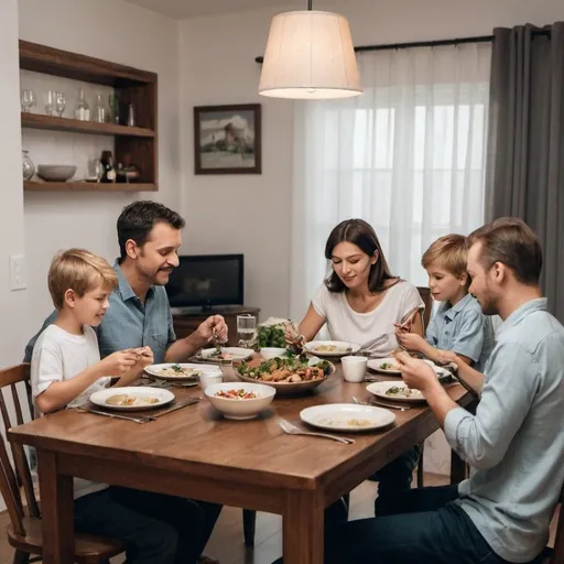 Prompt: Mom and Dad and their sons are sitting at the dining table, having a meal together.