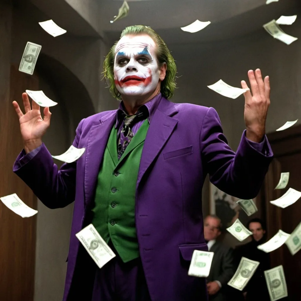 Prompt: jack nicholson as the Joker tossing money in the air