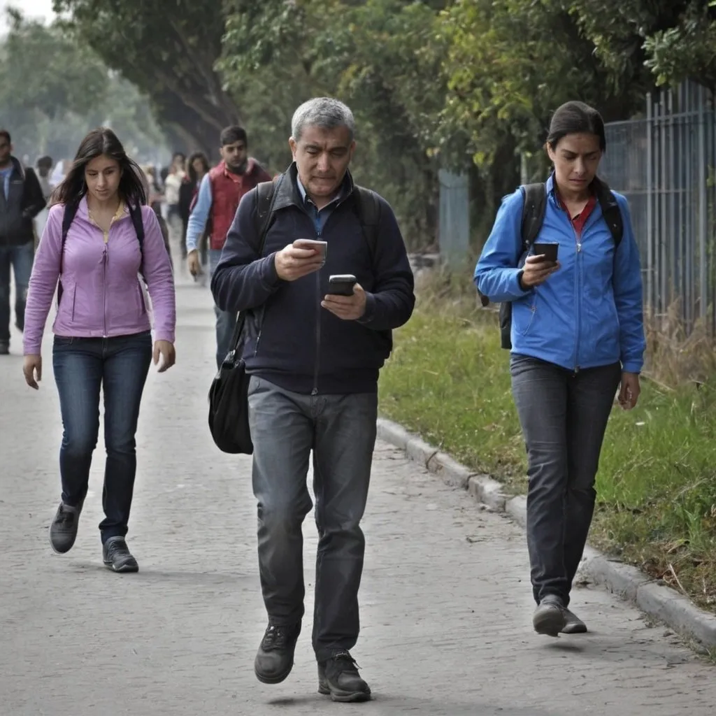 Prompt: Genera una imagen de aspecto contidiano en la que aparezcan varias personas sin boca caminado agarrando sus tel�fon m�viles