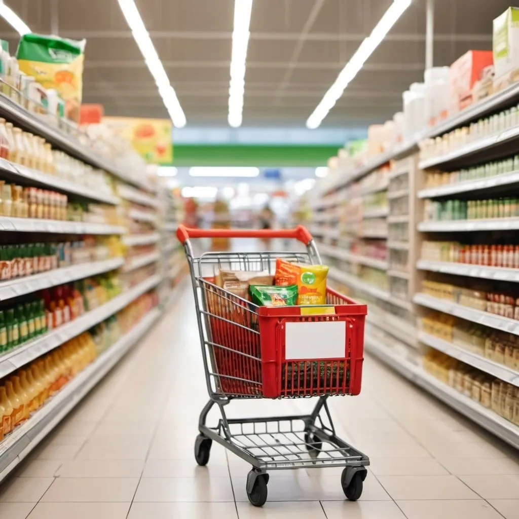 Prompt: Background of the interior of a supermarket out of focus. I want a shopping cart and shelf of FMCG products (packaged food and beverage, personal care, etc.) The shopping cart should be in the center. 