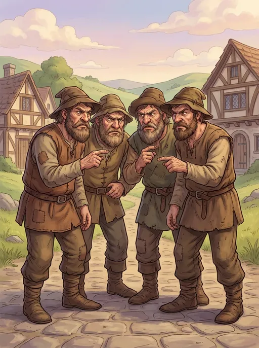 Prompt: full body shot front view of RPG art style A small group of greedy human men from a fairytale village.
They are adult men with rough faces, thick beards, and stern expressions.
Their eyes show greed and impatience rather than cruelty.

They wear old-fashioned rustic clothes: brown and gray tunics, worn boots, belts, and simple hats.
Their clothes look practical and slightly dirty, as if they spend time outdoors.

Their posture feels intimidating but not violent, leaning forward and pointing, whispering to each other.

Fairytale storybook illustration style, soft lighting, child-friendly, no weapons, no blood, no exaggerated evil features. face to viewer, background is a suitable beautiful scene