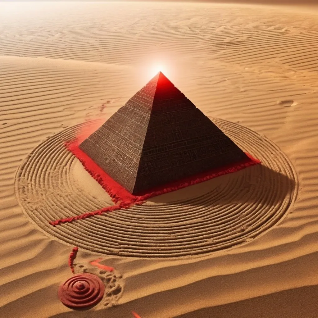 Prompt: There is a single red pyramid. A sphere has moved around the pyramid, leaving a circular track in the sand