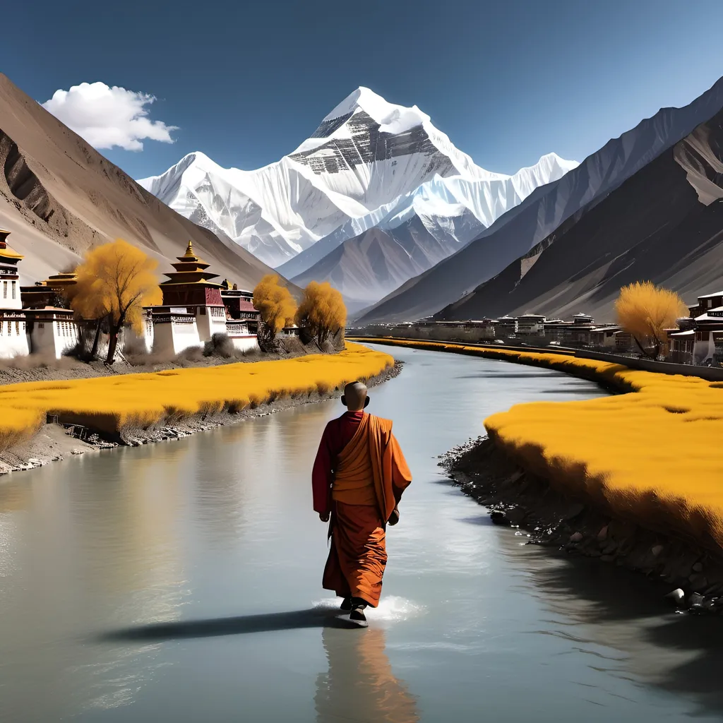 Prompt: Create an iphone 13 wallpaper showing mount everest, change river with sea and a monk travelling towards lhasa monestry in day light. It should be beautiful and real