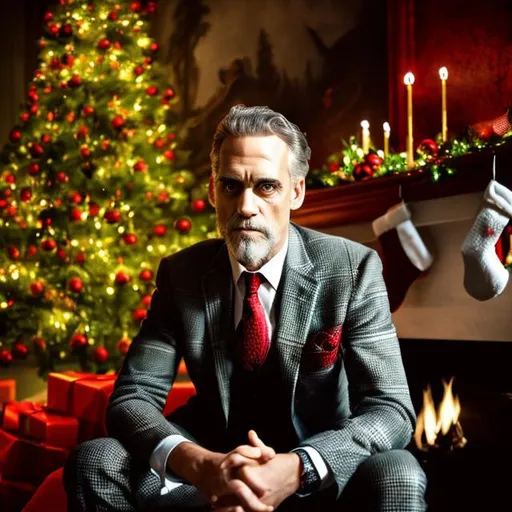 Prompt: jordan peterson
nice suit that is checkered red and green 
staring straight ahead
looks angry
sitting in leather chair 
legs crossed
fireplace, presents and christmas tree in background
full beard
narrow eyes