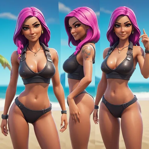 Prompt: Hot, attractive Beach Jules skin form Fortnite with small, tight revealing top and small revealing bottom 