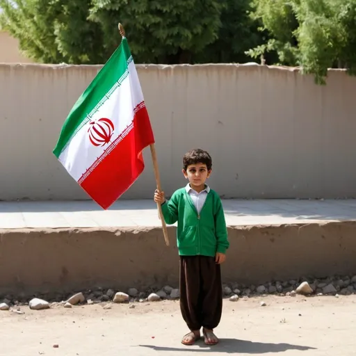 Prompt: a iranian child in yard school by Iran flag in hand