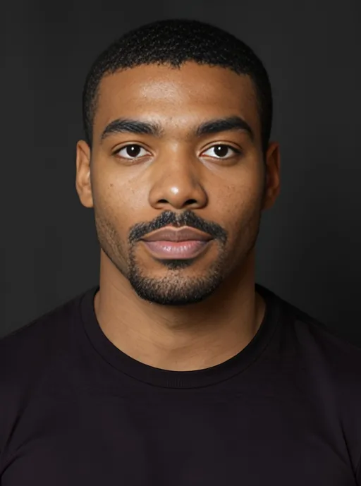 Prompt: A close-up, front-facing digital portrait of a young African-American man in his mid to late twenties with a calm, confident expression. His skin is a smooth, medium-deep brown with warm undertones and subtle natural texture—no makeup or gloss. His hair is short, tightly coiled, and uniformly faded along the sides with a crisp lineup around the forehead and temples. His eyebrows are thick, well-groomed, and slightly arched, framing large, almond-shaped dark brown eyes that gaze directly at the viewer with clarity and depth. His nose is medium-wide with a softly rounded tip and defined nostrils. His lips are full and evenly proportioned, the upper lip gently arched and the lower lip rounded, with a neutral, composed mouth. The beard is short and sharply edged—connecting in a neat circle around the mouth and jawline—with a precise mustache and a distinct soul patch just beneath the lower lip. His jaw is strong and chiseled with clean lines leading to a tapered chin.

His ears are proportionate and closely tucked to his head, with no exaggerated protrusion. His neck is sturdy and clean, with a natural, masculine contour. He wears a black crew-neck shirt, simple and untextured, sitting flat against the base of the neck. The lighting is soft and evenly balanced, highlighting the contours of his cheekbones and brow without harsh shadows. The background is a smooth, matte charcoal gray, allowing his features to stand out without distraction. The image is high resolution with precise detail in the skin texture, hair follicles, and fibers of the shirt—producing a natural, high-clarity portrait with a studio finish.

