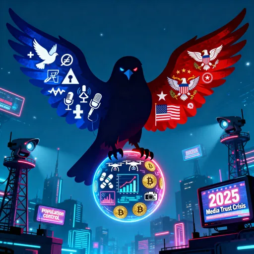 Prompt: Generate a striking digital artwork depicting a large, shadowy bird symbolizing the political system, with two wings representing the left and right. The left wing is adorned with blue hues, progressive symbols (e.g., doves, equality signs, media microphones), and the right wing features red tones, conservative icons (e.g., eagles, flags, traditional motifs). The bird’s body is a unified, dark mass, its piercing eyes fixed forward, clutching a glowing orb in its talons engraved with symbols of population control (birth control pills, population charts), surveillance (drones, cameras), and monetary control (gold coins, digital currency logos). The background is a dystopian urban landscape at night, illuminated by a cold, neon glow, with towering surveillance towers and media broadcast screens displaying biased news headlines (inspired by 2025 media trust debates). The style blends political allegory with cyberpunk dystopia, using high contrast, intricate details, and a satirical tone to suggest a shared agenda beneath partisan divides.


