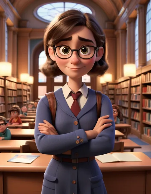 Prompt: pixar young woman character, spanish, no tie, dressed as a teacher, inviting, looking at the camera, with a background of the inside of a library, No tie. Eyes looking straight at the camera.