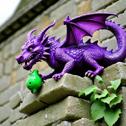 Prompt: A purple dragon on a stone wall is eating a green rat 