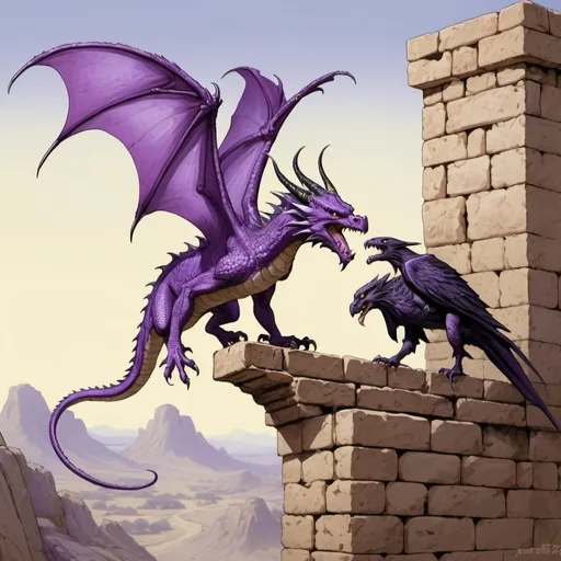 Prompt: A purple dragon on a stone wall is eating a three toed desert rat while a deamon hawk dives to catch him