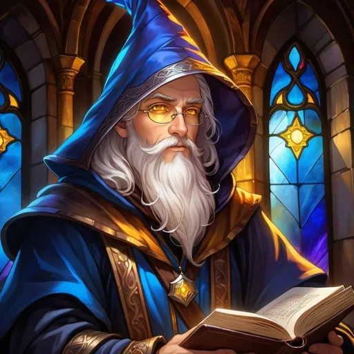 Prompt: Fantasy character art, illustration, dnd, warm tone, (One male Wizard, human, fantasy style, wizard hat mixed with hood:1.5), (extremely detailed face, old), masterpiece, best glow, 4k background, best illuminance, detailed glow, beautiful glow, best quality, (Male wizard:1.5), (blue and black clothes), (old wizard), masterpiece background, slightly blurred background, (Small library background:1.4), (Stone walls, old bookshelves: 1.1), best hair, beautiful white hair, (long beard), (white hair), (long hair), (stern face), confident face, yellow eyes, (raises a free hand), (ultra-detailed), (detailed hands), (advanced stance), (epic pose:1.2), (low saturation), (best shadow:1.3), ((beautiful eyes)), (detailed eyes), wearing old glasses, low saturation, book In one hand