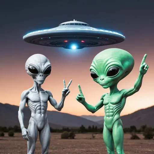 Prompt: A ufo and a alien given the peace sign 
