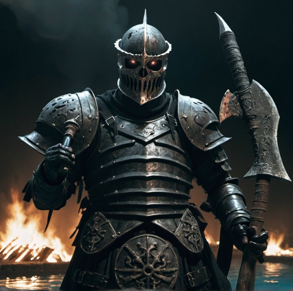 Prompt: Sigurd Kettleblack, an retired executioner in black armor, a helmet that has a mask that looks like a human face with holes for the eyes and mouth, from where you can see his tired eyes. He is holding a bardiche(an executioner's axe) in front of a burning village while he is standing in a pool of blood and several corpses of soldiers and peasants,