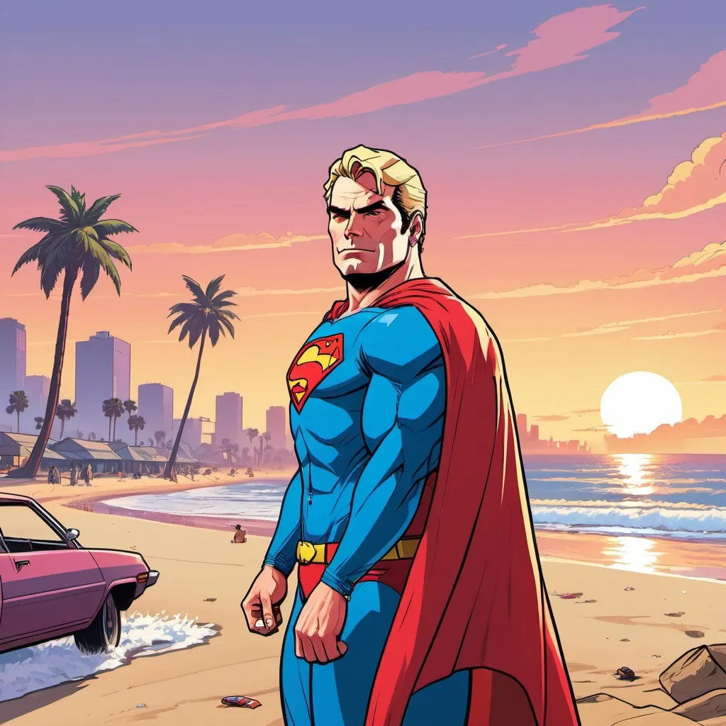 Prompt: GTA V cover art, blonde superman on the beach at sunset, cartoon illustration