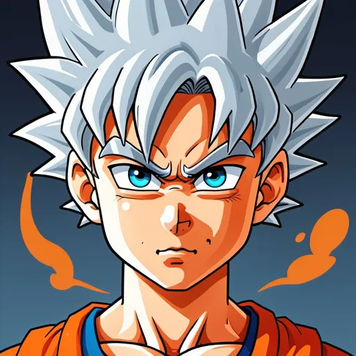 Prompt: GOKU cute cartoon illustration, orange outlines, a BOY with SILVER hair, saturated colors